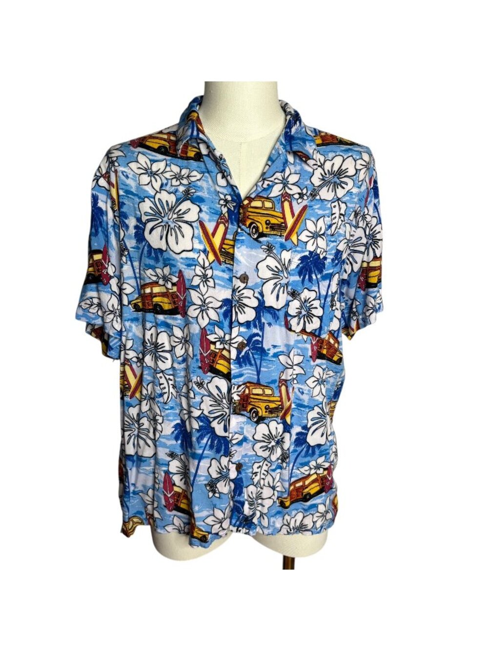 Vintage 90s Clear Blue Sky Hawaiian Camp Shirt M Blue Floral Short Sleeve Button